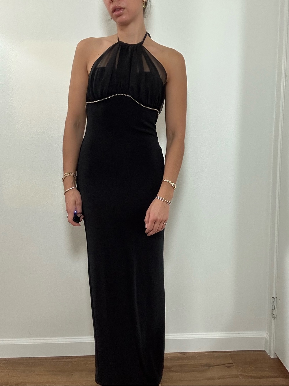 Vintage 90’s Elegant Black Halter Evening Gown Body Con Maxi Dress Size S